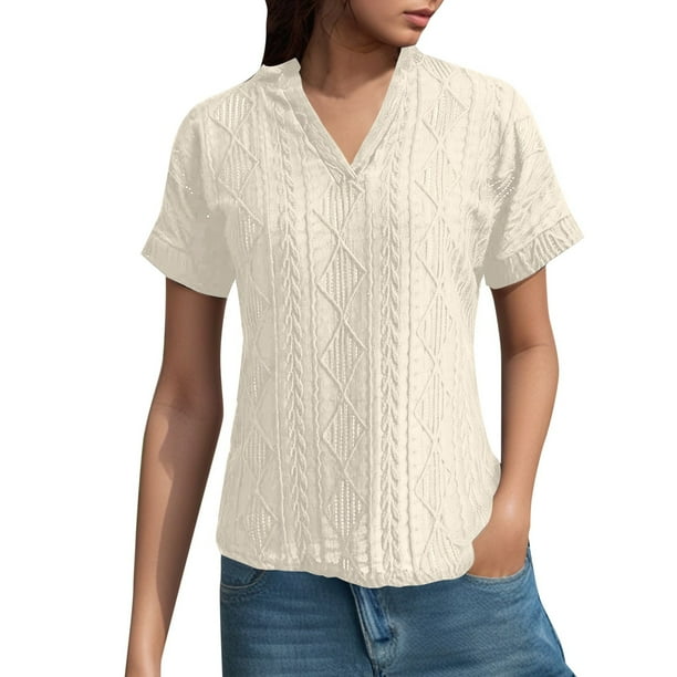 Camisa de punto jacquard holgada con cuello en V para mujer: manga corta, detalle de cordones, informal de verano, fácil de cuidar