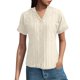 thumbnail image 1 of Camisa de punto jacquard holgada con cuello en V para mujer: manga corta, detalle de cordones, informal de verano, fácil de cuidar, 1 of 7