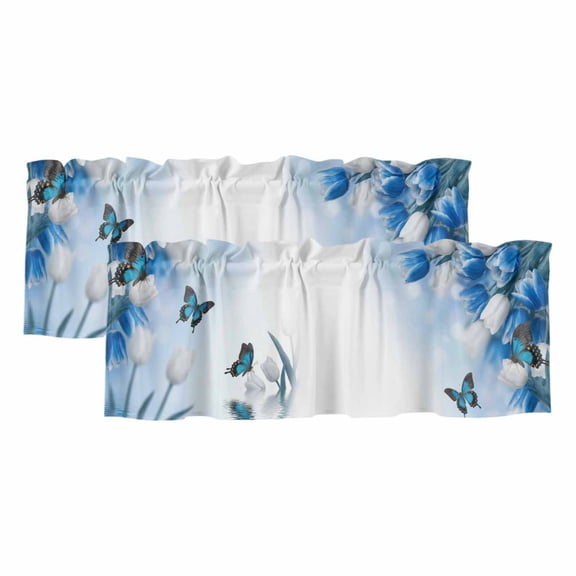 2 Pack Blue White Floral Valances for Windows Bedroom Living Room Window Treatments, Ombre Tulips Modern Art Spring Rod Pocket Valance Drapes Short Kitchen Curtains Over Sink 54"x18"