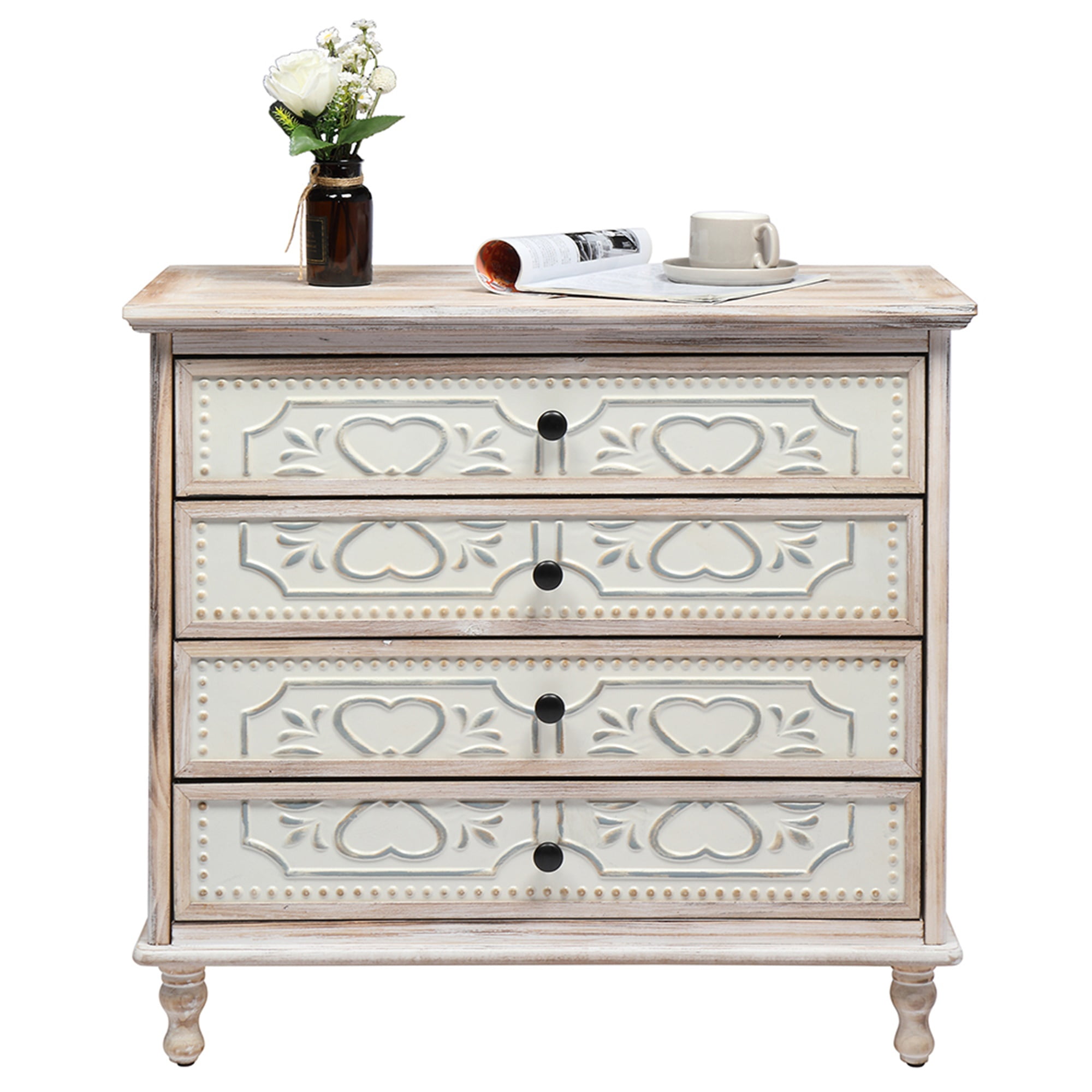 Kadyn Bedroom Dresser, 4 Drawer Chest of Drawers, White Washed Dresser Chest with 4 Storage Drawers for Nursery, Hallway, Living Room, Closet