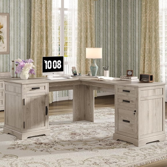 Alohappy 67'' L Shaped Desk with Drawers, Farmhouse Corner Computer Desk with File Storage and Charging Station for Home Office, Light Wash Gray