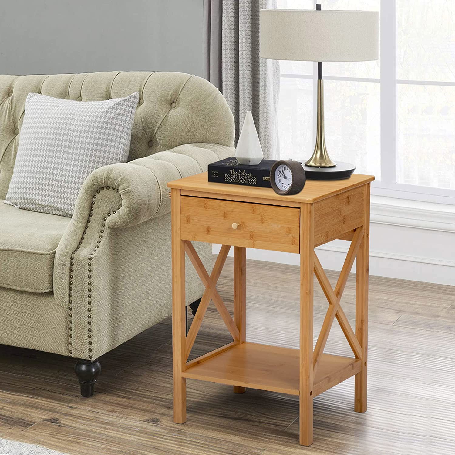 Resenkos Set of 4 Farmhouse Bamboo Nightstand, Wood End Table with Drawer and X-Side Shelf,Natural