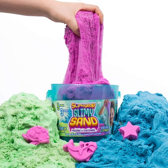 SLIMYSAND Seau, 5 Livres de Slimysand en 3 Couleurs (Bleu, Vert et Violet), 3 Moules, Seau Réutilisable pour Rangement. Slime Nuage Super Extensible et Moulable! Bleu, Vert, Violet 5lb