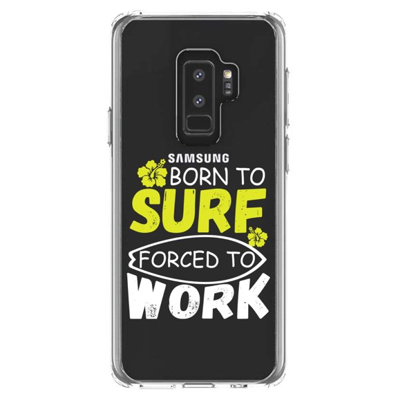 DistinctInk Clear Shockproof Hybrid Case for Samsung Galaxy S9  PLUS (6.2" Screen) - TPU Bumper Acrylic Back Tempered Glass Screen Protector - Born to Surf Forced to Work