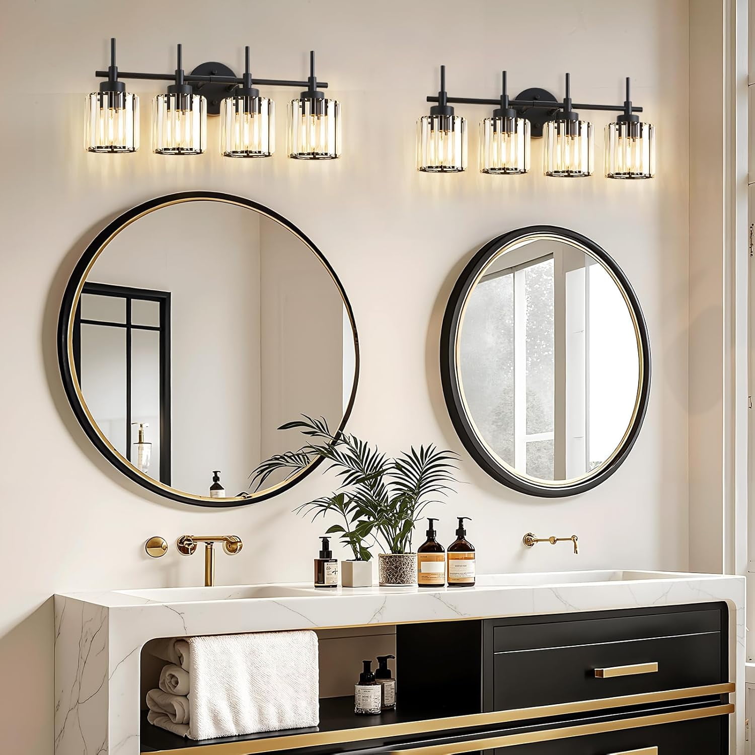 NATYSWAN 4 Light Round Crystal Vanity Lights, Modern Black Crystal Wall Light Bath Mirror Light Fixture Over Mirror Bathroom Wall Sconces for Bathroom Living Room
