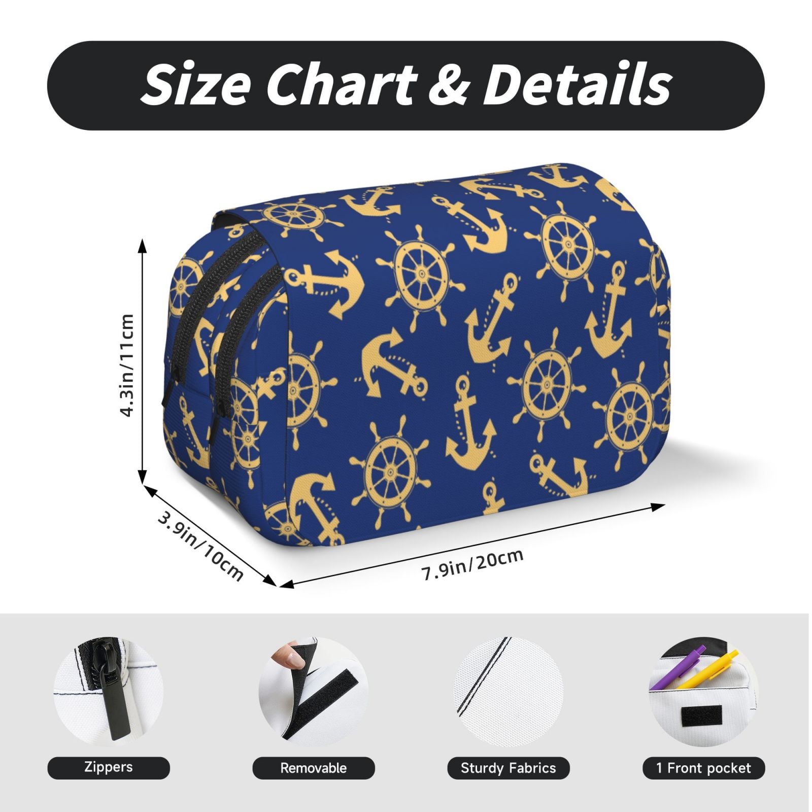 Rateoe Anchors and Nautical Pattern Double Clamshell Pen Case, Storage Organizer with Two Zipper Compartments– Holds Up to 50 Pencils & Pens