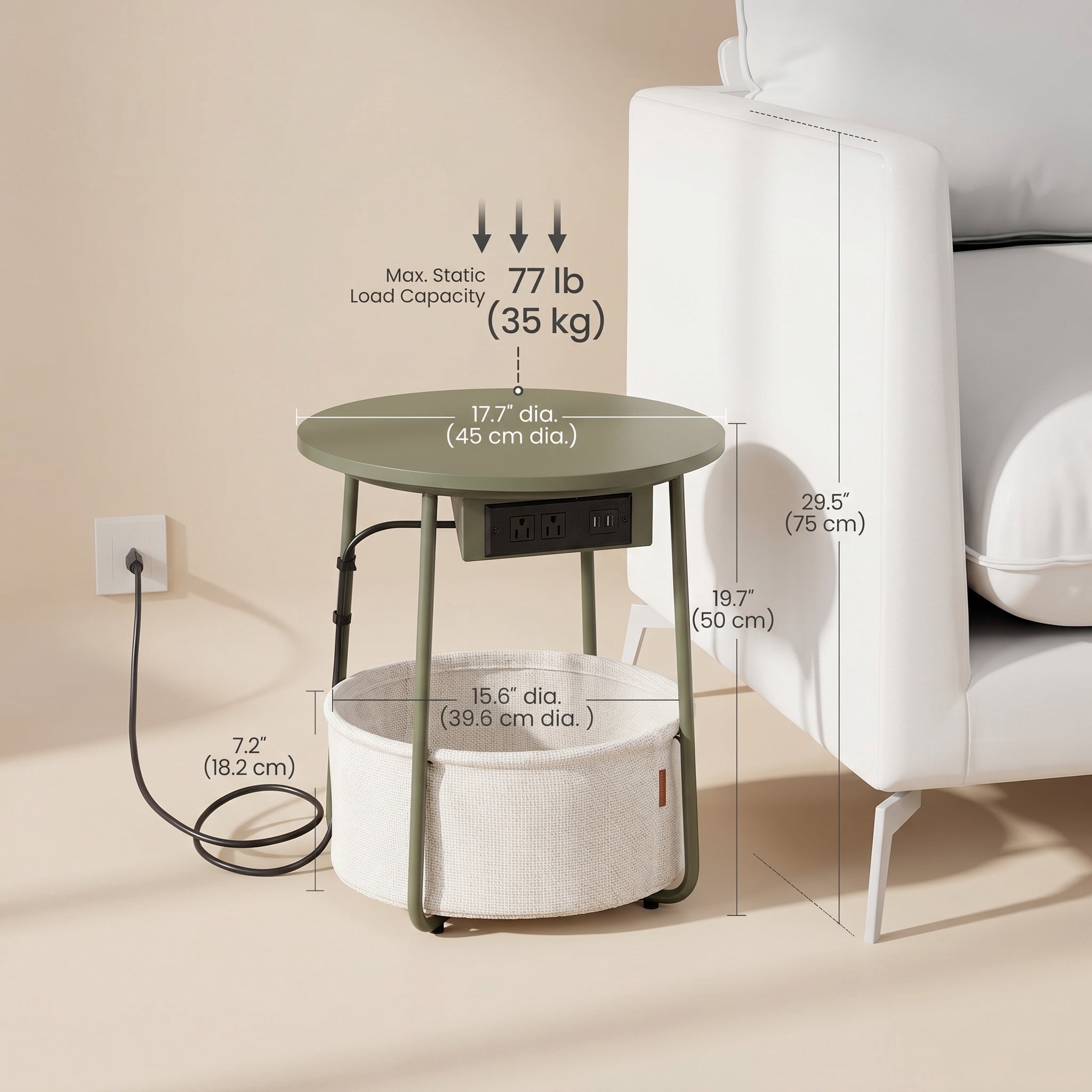 Nordic Hygge 17.7 in. Round Side Table with Charging Station and Storage Basket, Forest Green/Cream White