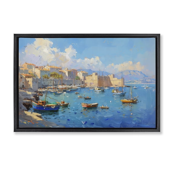 Stupell Industries Nautical Harbor Coastal Town Transportation Painting Black Floater Framed Canvas Art Print Wall Art, 25 x 17