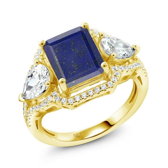 Gem Stone King 18K Yellow Gold Plated Silver Blue Lapis Ring for Women (3.79 Cttw, Emerald Cut 10X8MM, Gemstone, Size 7)
