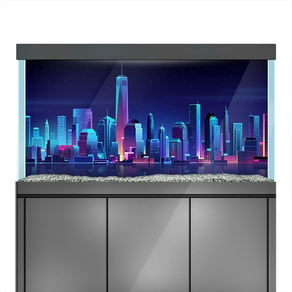 Aquarium Background Stickers - City Skyline Building Night - Fish Tank Reptile Terrarium Decor Poster