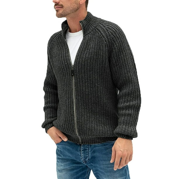 Glookwis Mens Cardigan Sweater Open Front Cardigans Slim Fit Long Sleeve Outwear Work Knitted Single Breasted Sweaters Deep Gray XL