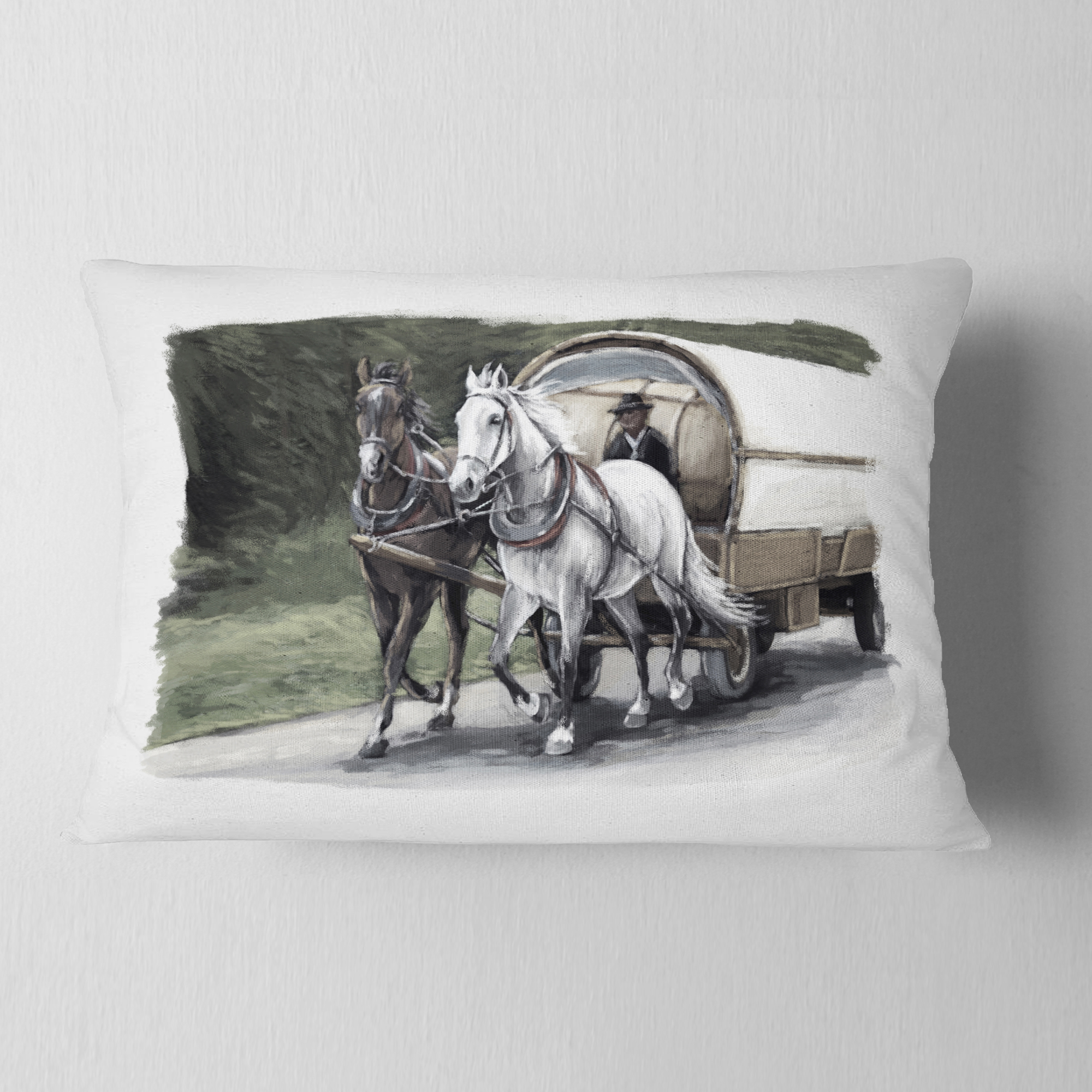 Designart Horse Cart Black and White - Animal Painting Throw Pillow - 12x20