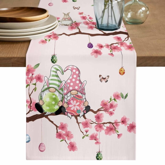 Table Runner 36 Inches Long for Kitchen Dining, Happy Easter Dresser Scarf Farmhouse, Dining Table Decorations for Wedding/Parties, Pink Spring Gnomes Eggs Flower Branch Rabbit 13 x 36 In
