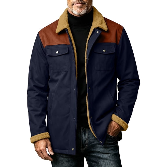 USNSM Men's Sherpa Fleece Cotton Jacket, Cargo Jacket, Long Sleeved Lapel Winter Warm Coat with Multiple Pockets Blue XXL