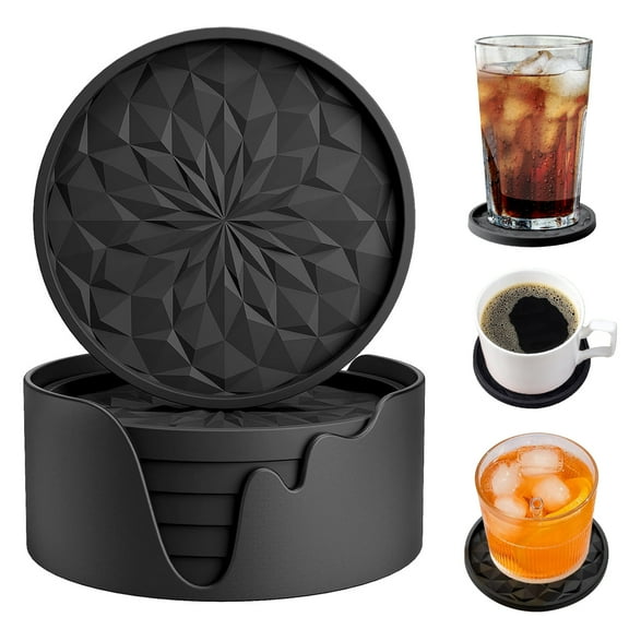 Silicone Coasters with Holder, 6 Pcs Drinking Coasters - Cup Mat for Hot or Cold Drinks, Thickened, Non-Slip, Non-stick,Deep Tray Black