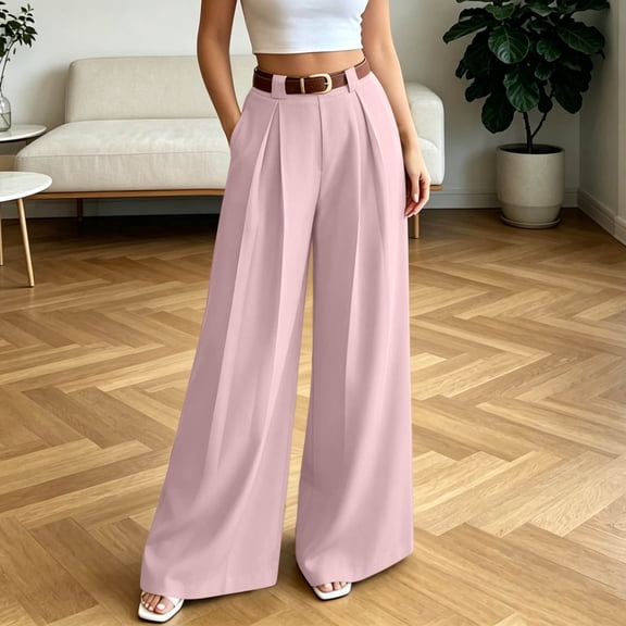 Mifsaly office Pants for Women Pleated Front Flowy Wide Leg Trousers Elegant Relaxed Fit Business Casual Bottoms with Pockets Pink,XL