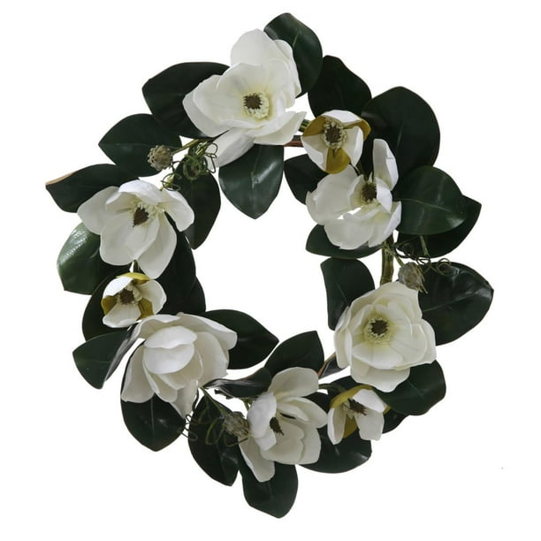 26 White Magnolia Flower And Leaves Artificial Silk Floral Wreath Unlit Walmart Com Walmart Com