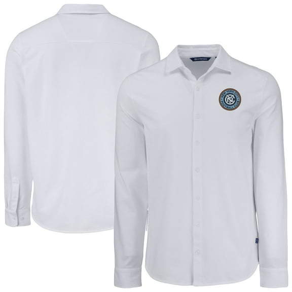 Men's Cutter & Buck White New York City FC Knitted Advantage Tri-Blend Eco Soft Pique Long Sleeve Button-Up Shirt