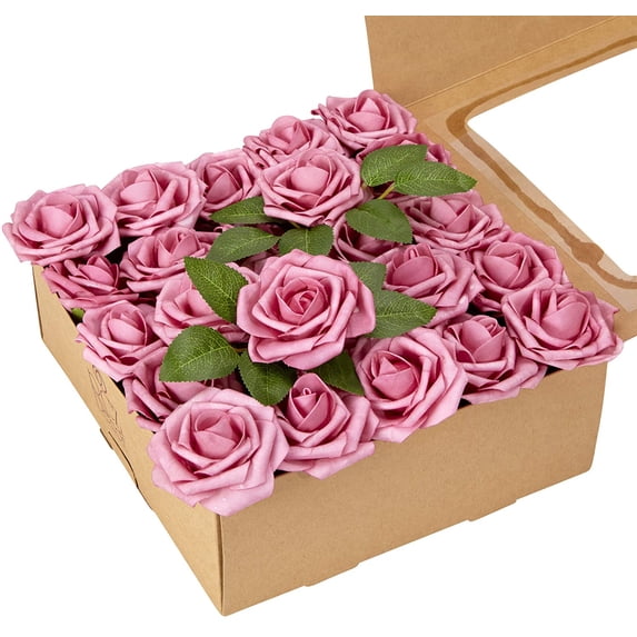 ARTIFICIAL FOAM ROSES | Attractive Fake Flowers for Decoration | DIY Wedding Centerpieces, Bouquets and More | Includes: 50 Roses with stems and 20 Leaves | Mauve Pink