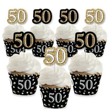 Adult 50th Birthday - Gold - Cupcake Decoration - Birthday Party Cupcake Wrappers and Treat Picks Kit - Set of