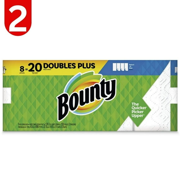 Bounty Select-A-Size Paper Towels, 8 Double Plus Rolls = 20 Regular Rolls, White  2 Pack