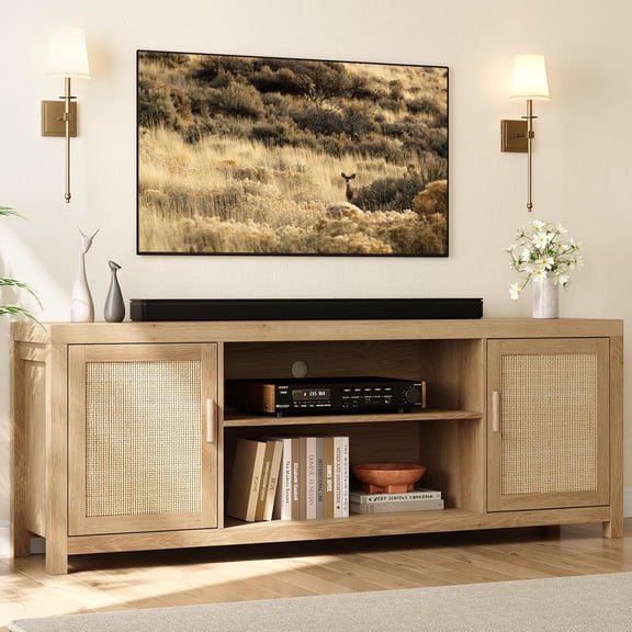 Rattan TV Stand for 75 inch, Boho Entertainment Center with Adjustable Shelves, Natural Oak TV & Media Cabinet 2-Tier Storage for Living Room Bedroom