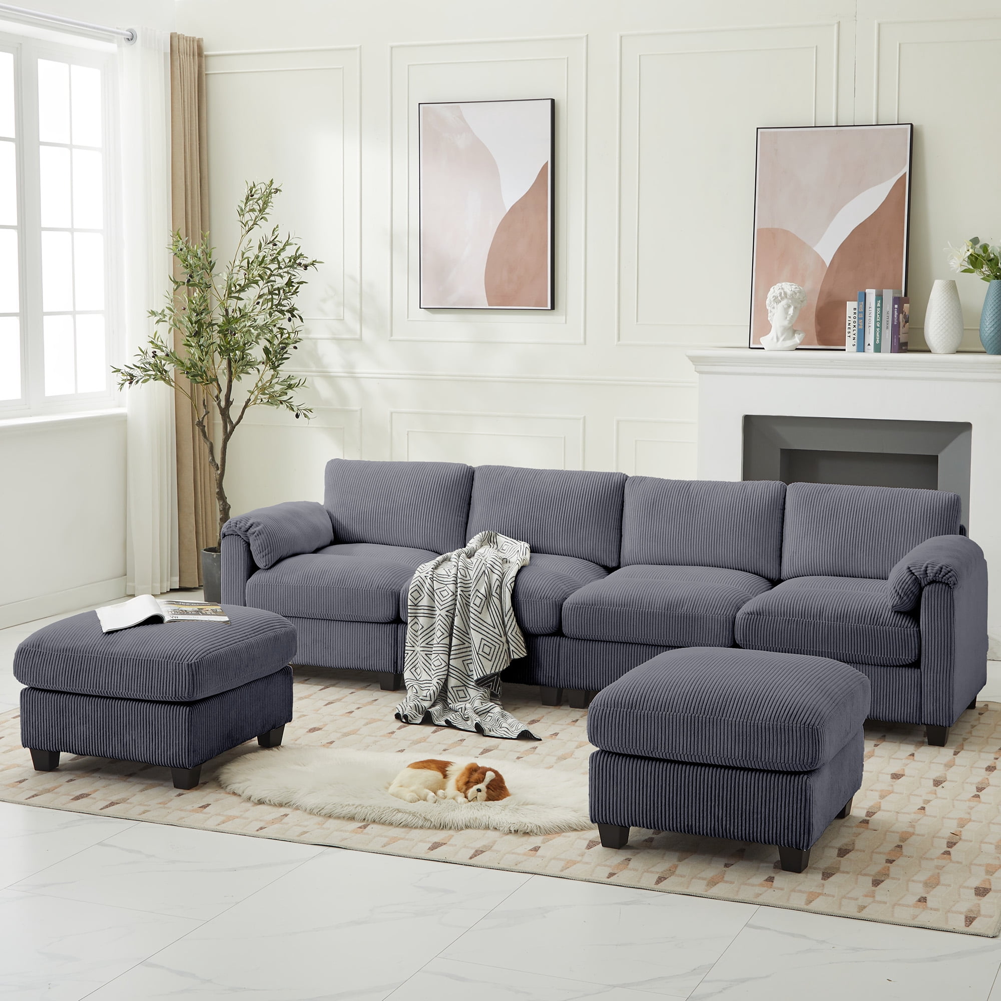 LOYALICE 115" Cozy Oversized Corduroy Modular Sectional Sofa U Shaped 6 Seat Couch with Movable Ottoman & Chaise for Living Room Bedroom, Dark Gray