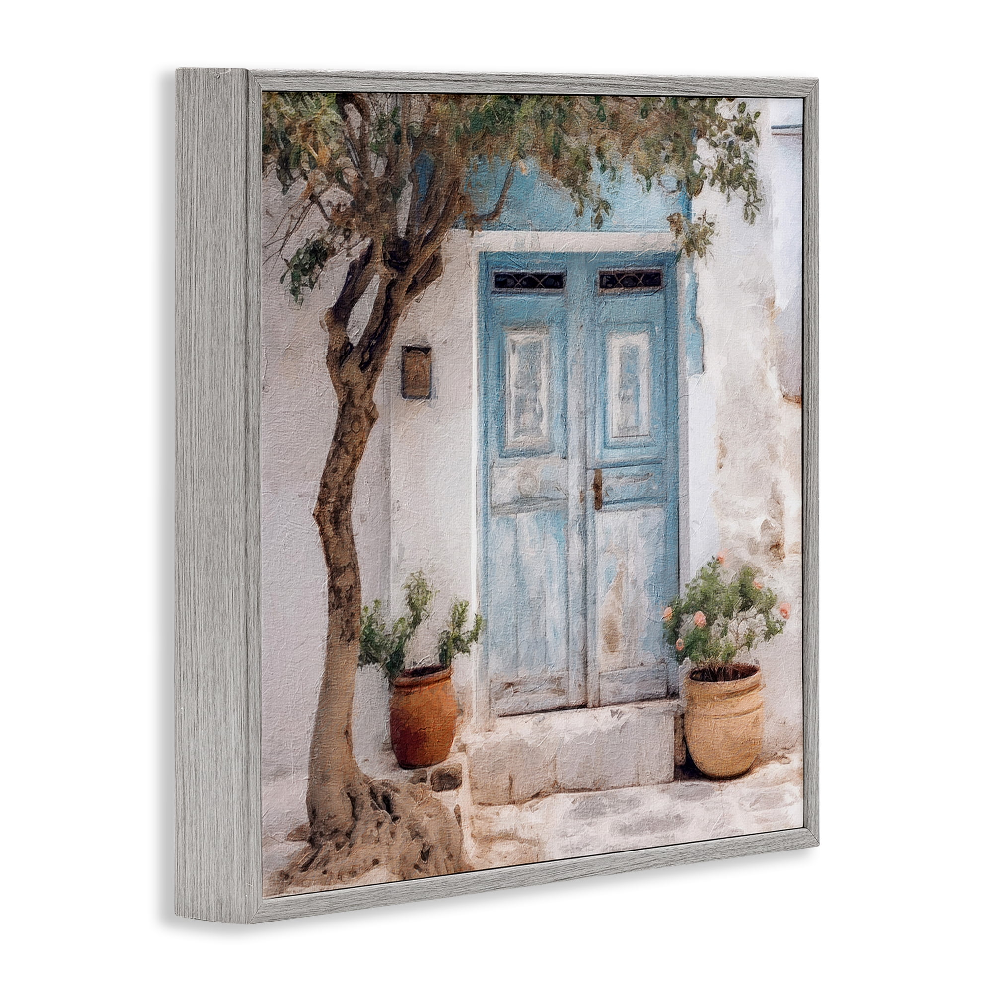 Stupell Industries Tree & Blue Doorway Town & City Painting Gray Framed Art Print Wall Art, 24 x 24