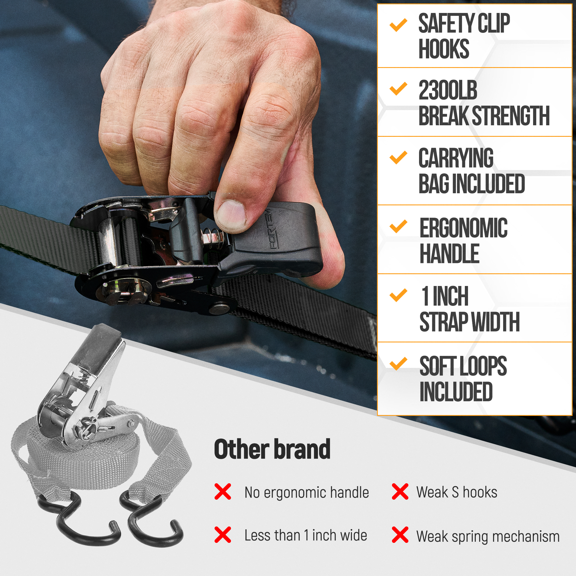 FORTEM Ratchet Straps, 2300lb Break Strength, 4 Pack 15ft x 1in Tie Down Strap Set, 4 Soft Loops, Motorcycle Straps Tie Downs, Cargo Cam Buckles, Rubber Handles, Safety Lock S Hooks, Carry Bag