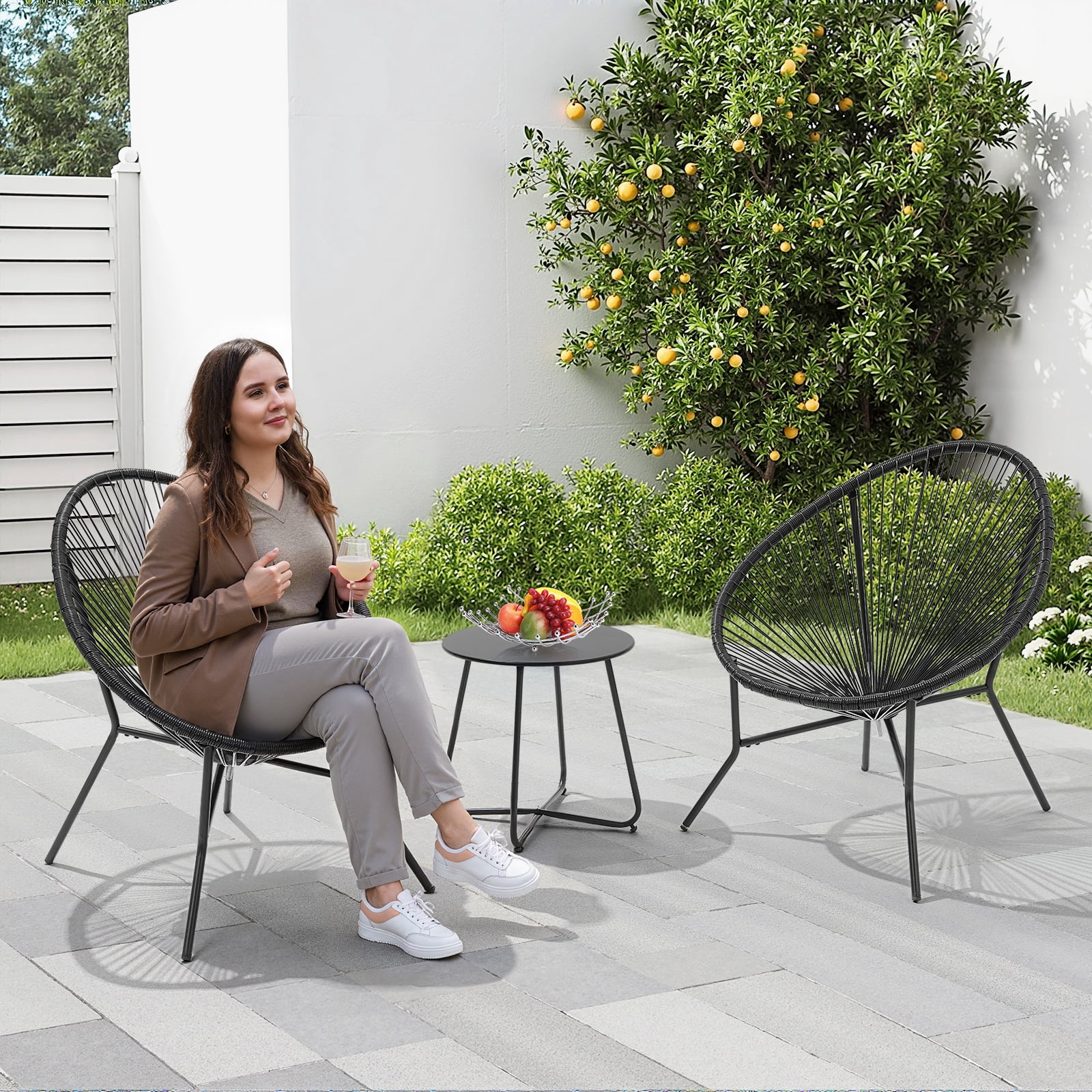 Dovov 3 Piece Patio Acapulco Furniture Bistro Set, Outdoor Bistro Set Acapulco Chairs All-Weather Rattan Wicker Chairs with Plastic Rope and Coffee Table, Black