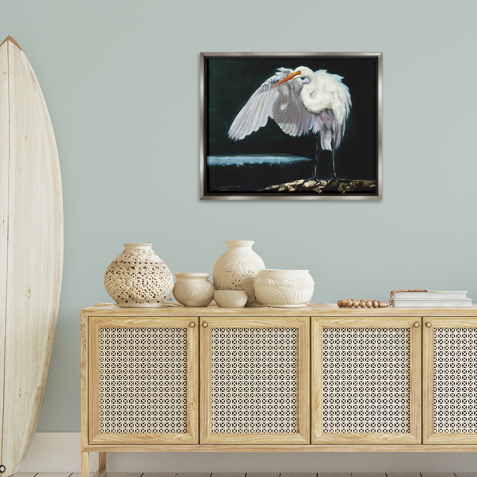 Stupell Industries Stoic Heron Standing Animals & Insects Painting Gray Floater Framed Canvas Art Print Wall Art, 31 x 25