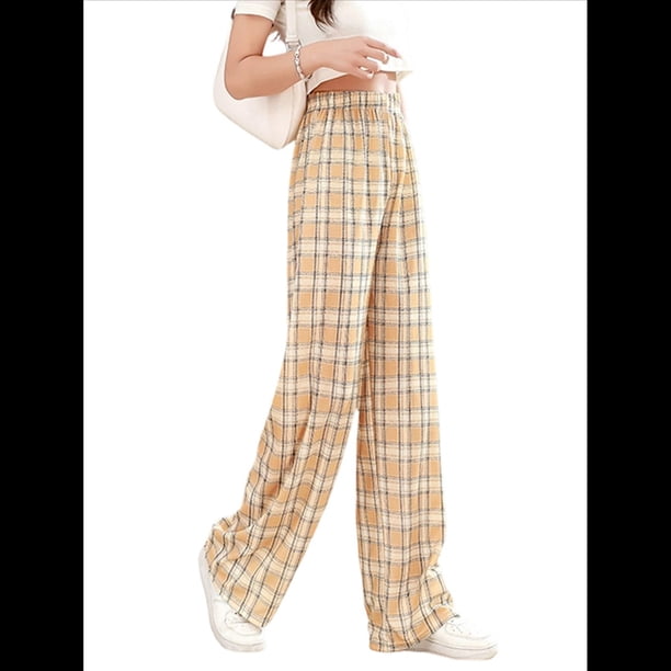 Pantalones de Pijama de Franela A Cuadros para Mujer, Cómodos Pantalones de Dormir con Cordón Ajustable, Ropa de Estar por Casa. Amarillo Talla Única
