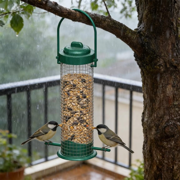 NOVELAR Green Metal Bird Feeder, 9.45 in Tall with Spill-Reducing Grid, Easy to Hang and Clean, Great for Outdoor Garden Decoration