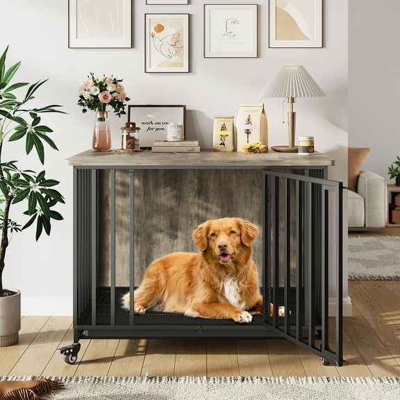 EastVita Heavy Duty Dog Crate Furniture with Wheels,39" Dog Kennel Furniture with Removable Tray,Wooden Pet Cage Indoor,Decorative Side End Table for Small Medium to Large Breeds