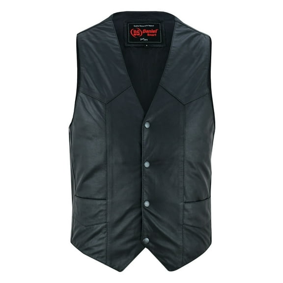 Daniel Smart Biker Vest for Men Premium Goat Leather Motorcycle Vest with Unique V-Shaped Design and Multiple Pockets