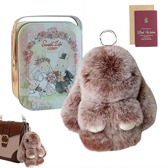 Bunny Keychain with Tin - 5.8" Handmade Soft Plush Rabbit Charm, Cute Gifts for Women & Teens