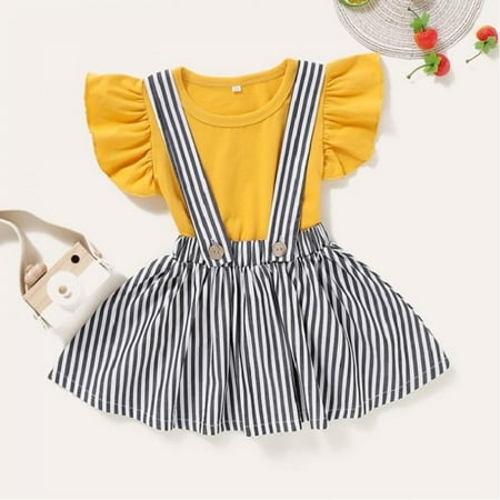 

Promotion Clearance Toddler Girl Outfits Dress Suits Flying Sleeves T-shirt Striped School Uniform Dress Suits