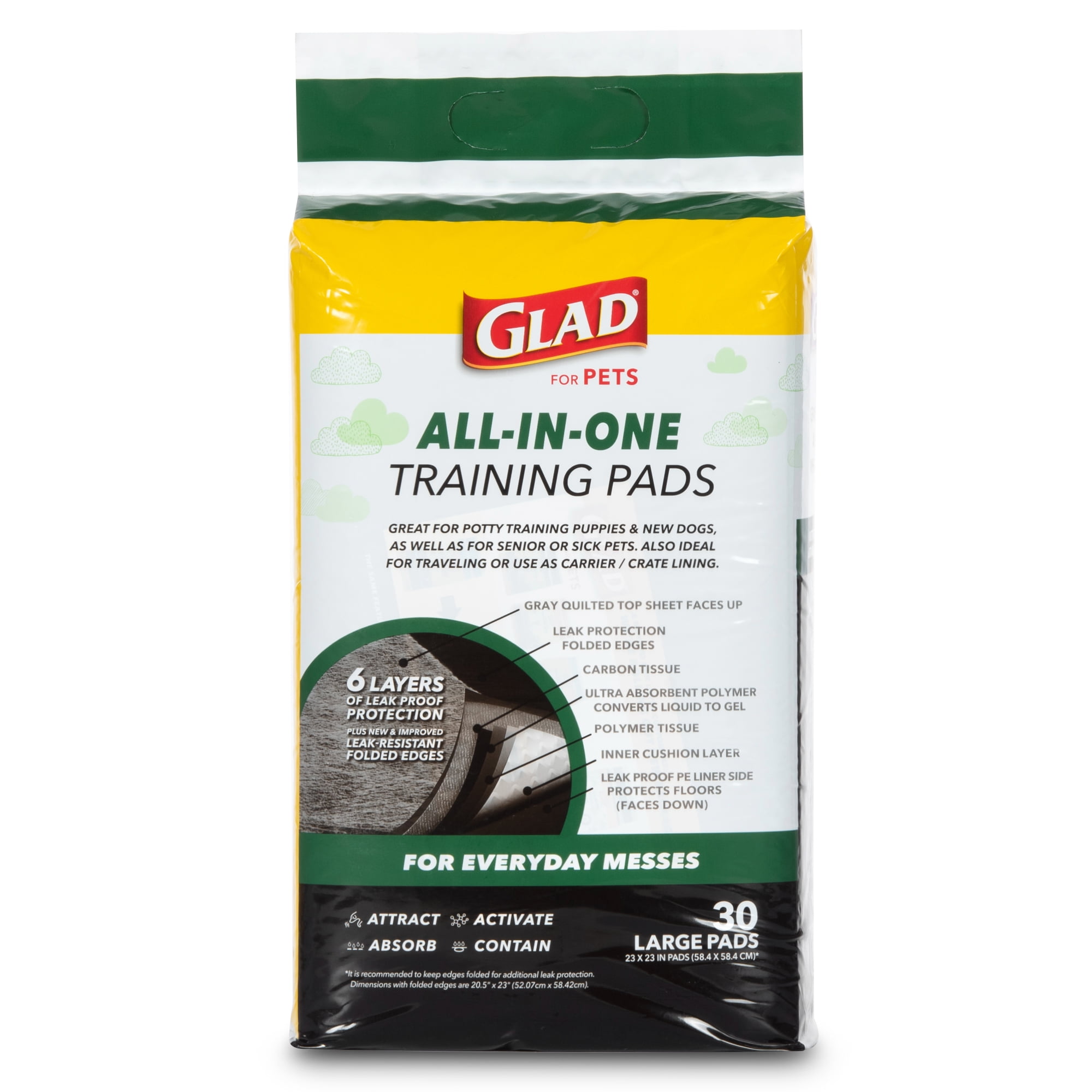 (2 pack) Glad Activated Charcoal Leak-Resistant Training Pads for Dogs, 23in x 23in, 30 Count