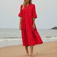 thumbnail image 7 of WTOBBY Women's Plus Size V-Neck Button Front Solid Color Maxi Dress, Flowy 3/4 Sleeve Lace Hollow Out Sexy Long Dress with A-Line Silhouette,Red 5XL, 7 of 7