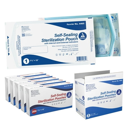 Dynarex Sterilization Pouches - Self Sealing Autoclave Bag for Medical, Dental, Tattoo & Nail Care Tools - Blue Tinted Transparent Cover, Dual Color Indicators, Size 7.5" x 13", 1 Case of 1,000
