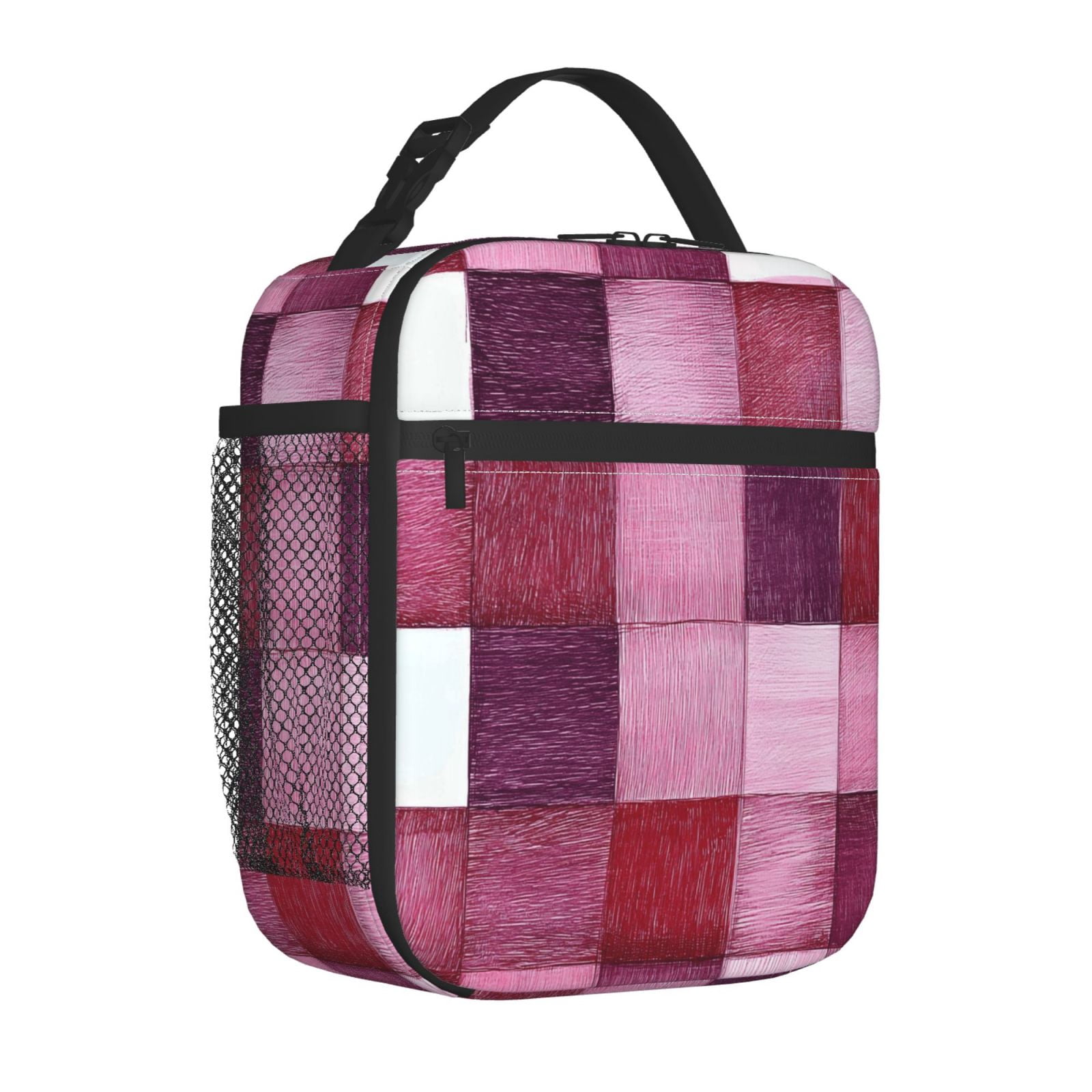 Lunch Bag For Women Men Insulated Portable Lunch Box Bento Box Office Picnic Travel Cooler Bag Palevioletred Checked Hand-Drawn Sketch_2