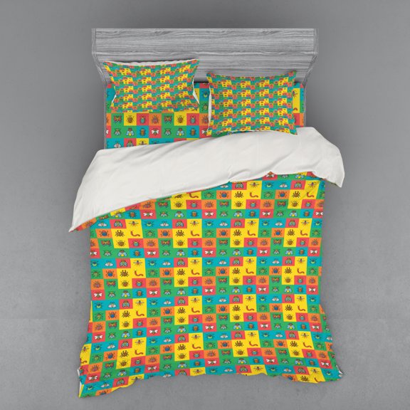 Ambesonne Colorful Bedding Set 4 Pcs, Cartoon Bugs in Square, Queen, Multicolor