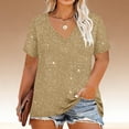 thumbnail image 2 of yoeyez Women's Sparkly Plus Size T-Shirt Glitter V-Neck Short Sleeve Tee Fashion Casual Loose Fit Evening Outings Party Tops Khaki,XL, 2 of 7