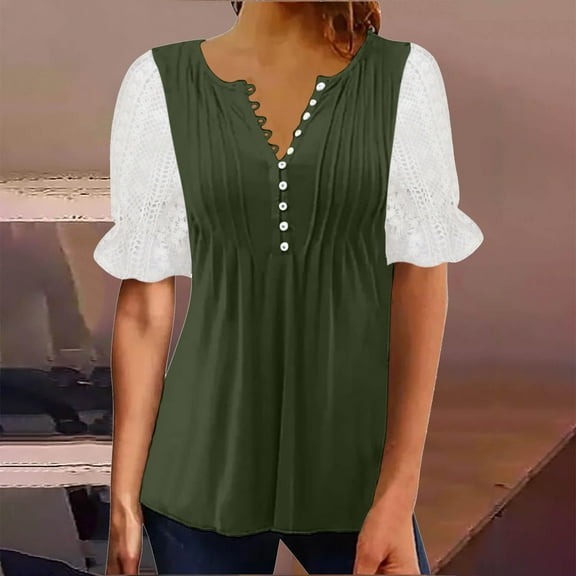 Women Fashion Tops Sawvnm Women's Round Neck Short Sleeve Loose Button Solid Color Tunic Summer Blouse Christmas Gifts Army Green M