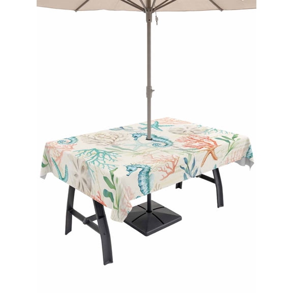 Outdoor Tablecloths with Umbrella Hole & Zipper, Teal Red Coastal 60 x102 Inch Rectangle Tablecloths, Nautical Seahorse Beach Coral Starfish Retro Waterproof Table Cloth, Patio/Pool Table Covers