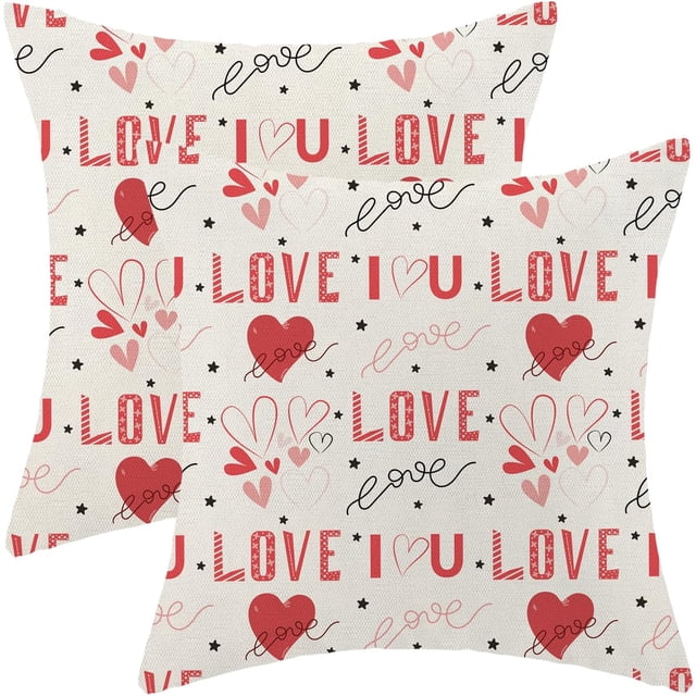 Housses de Coussin de la Saint-Valentin 18x18 Ensemble de 2, J'aime les Cœurs Rouges Coussins en Lin Anniversaire Mariage Décorations de la Saint-Valentin pour Maison Canapé Extérieur