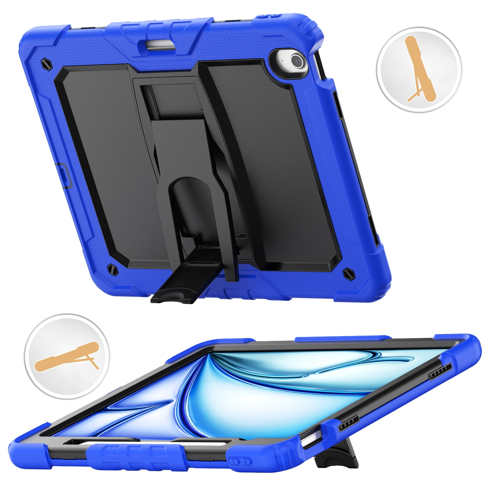 Rugged Case For Apple iPad Air 13 (2024) – 3-Layer Protection Shockproof Stand Cover with Screen Protector, Adjustable Stand, Shoulder Strap, & Pencil Holder -- Darkblue