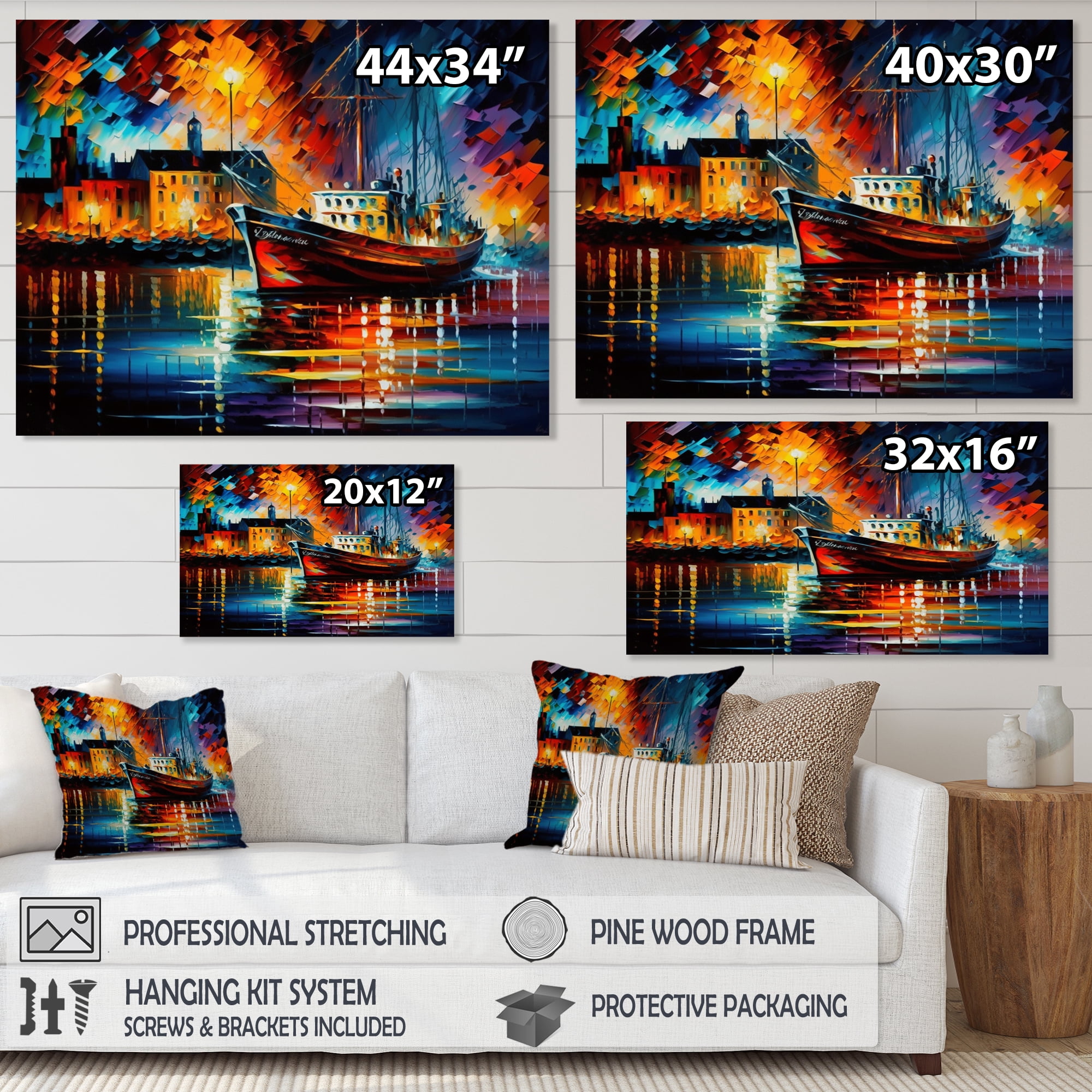 Designart Colorful Port With Fishing Boat II Canvas Wall Art