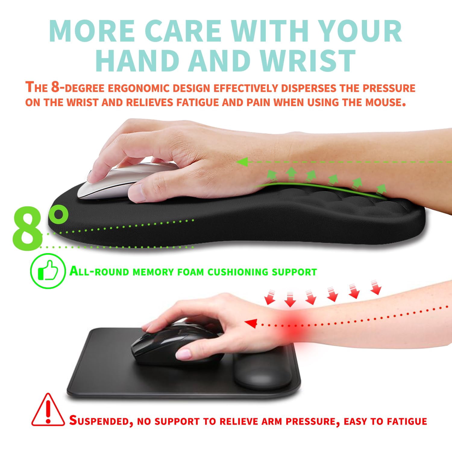 Mouse Pad Wrist Support With Memory Foam Massage Bulge  Carpal Tunnel Mousepad Rest For Mouse(12x8 Inch Black)