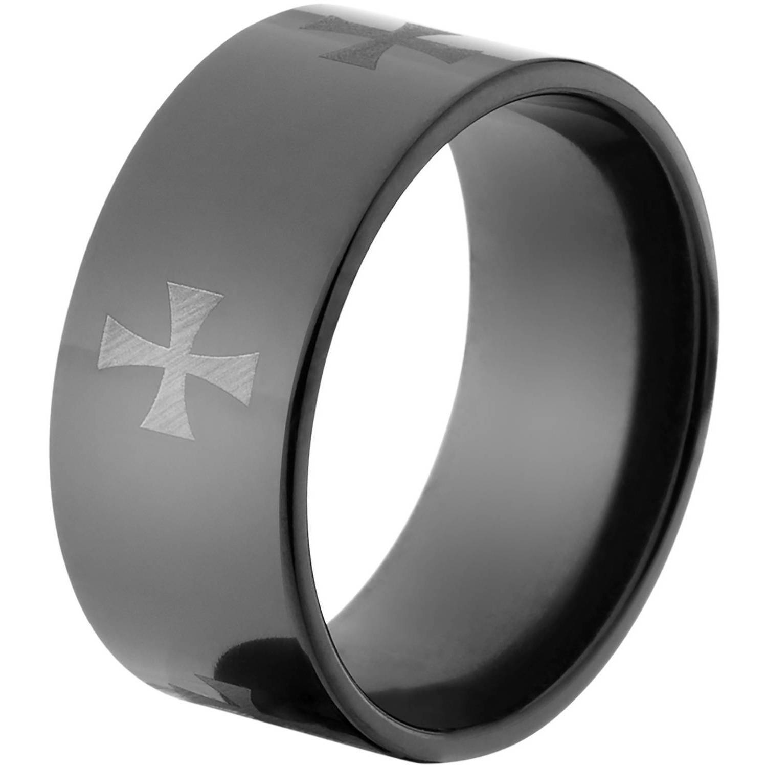 10mm Flat Black Zirconium Ring with a Laser Celtic Cross
